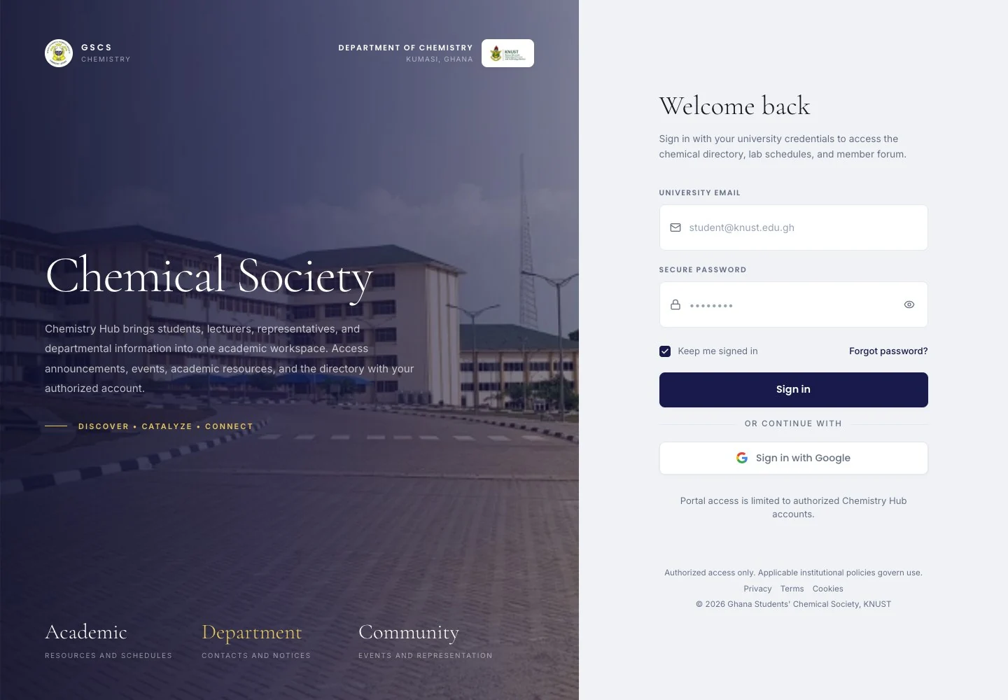 Chemistry Hub public sign-in page